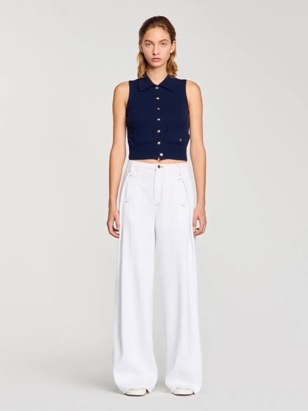 Sandro Topstitched Wide-Leg Jeans - White Size 36/ 4 - Picture 3 of 8
